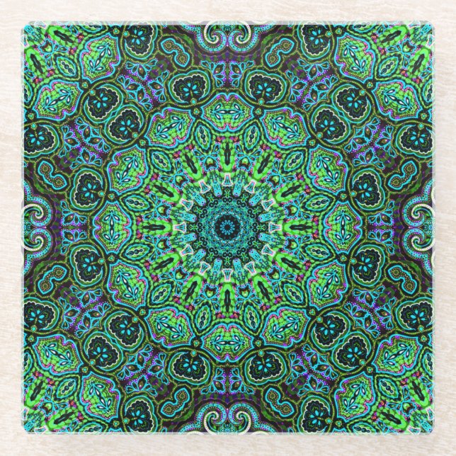 Dessous-de-verre En Verre Conception de mandala vert émeraude (Devant)