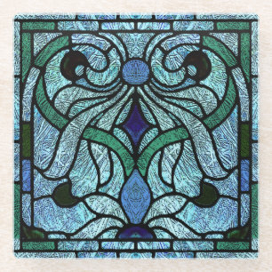 Dessous-de-verre En Verre Conception de parchemin en vitrail bleu et vert
