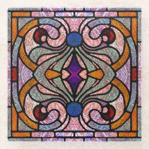 Dessous-de-verre En Verre Conception de parchemin en vitrail rose et abricot