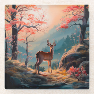 Dessous-de-verre En Verre Conception de scène forestière enchantée de cerfs
