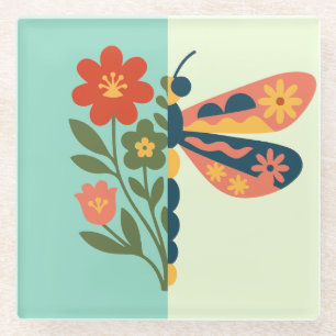Dessous-de-verre En Verre Conception graphique de fleurs et de papillons col