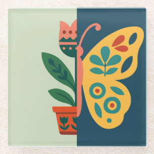 Dessous-de-verre En Verre Conception graphique divisée de fleurs et de papil