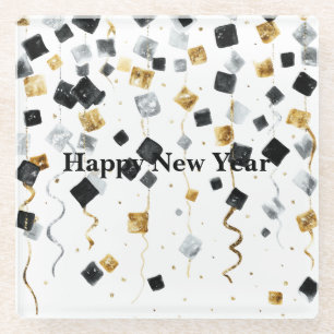 Dessous-de-verre En Verre Confettis Nouvel An Or Noir Bonne Année