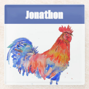 Dessous-de-verre En Verre Coq Poulet Oiseau Enfants Garçons Nom Bleu Rouge