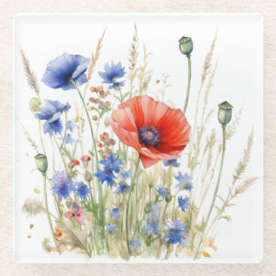 Dessous-de-verre En Verre Coquelicots et Bleuets : Aquarelle de Prairie Rus