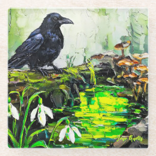 Dessous-de-verre En Verre Corbeau noir et ruisseau de forêt lumineuse, peint