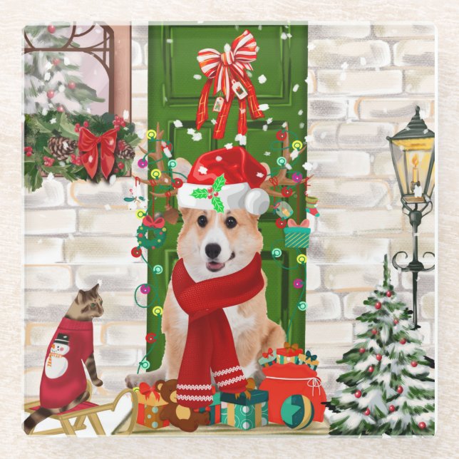 Dessous-de-verre En Verre corgi Chien Noël (Devant)