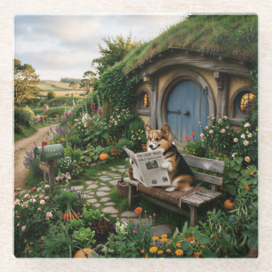 Dessous-de-verre En Verre Corgi lisant le journal local dans le jardin