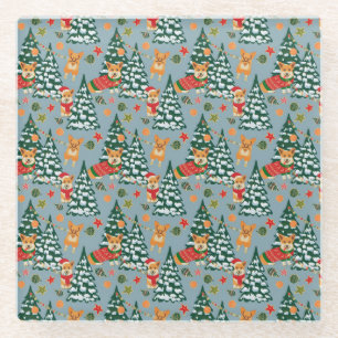Dessous-de-verre En Verre Corgis décorent l'arbre de Noël en forêt