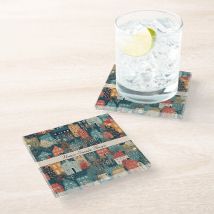 Dessous-de-verre En Verre Cosy Hygge Village Nordic Folk Art, personnalisé