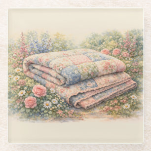 Dessous-de-verre En Verre Cottagecore Courtepoint Fleuri en Patchwork Aquare