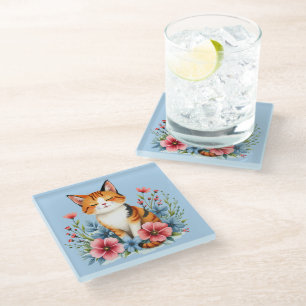 Dessous-de-verre En Verre Cottagecore Floral Chat Serene Feline Botanique