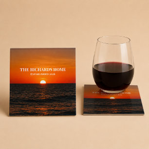 Dessous-de-verre En Verre Coucher de soleil Océan Nom personnalisé