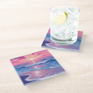 Dessous-de-verre En Verre Coucher de soleil océanique rose vague aquarelle