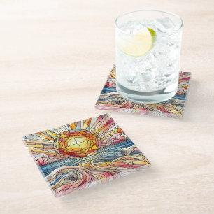 Dessous-de-verre En Verre Coucher de soleil sur l'océan en vitrail
