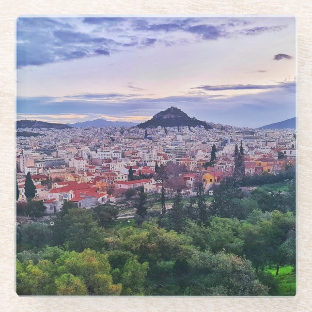 Dessous-de-verre En Verre Coucher de soleil violet à Athènes (Devant)