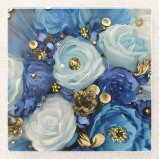 DESSOUS-DE-VERRE EN VERRE COULEUR D'EAU FLEURS BLEU & OR ABSTRAITES