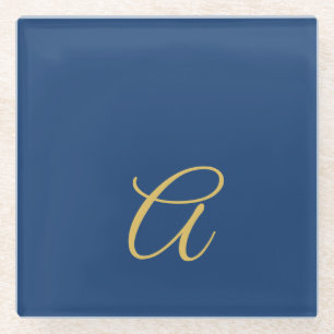 Dessous-de-verre En Verre Couleur Or & Bleu Monogramme Initial Professionnel