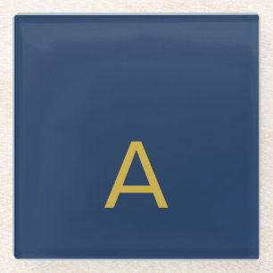 Dessous-de-verre En Verre Couleur Or & Bleu Monogramme Initial Professionnel