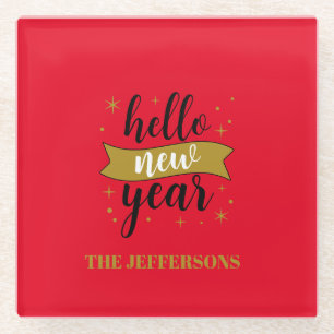 Dessous-de-verre En Verre Couleur or Rouge Bonne Année Joyeux Noël