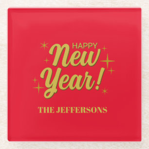 Dessous-de-verre En Verre Couleur Or Rouge Bonne Année Joyeux Noël