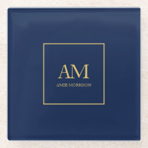 Dessous-de-verre En Verre Couleurs d'or bleu Monogramme Lettres initiales No