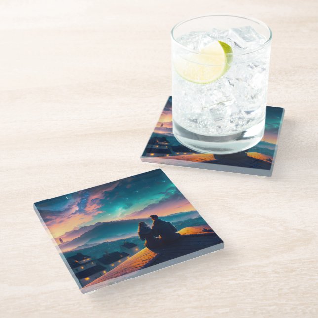 Dessous-de-verre En Verre Couple Assis Sur Le Toit (Incliné)