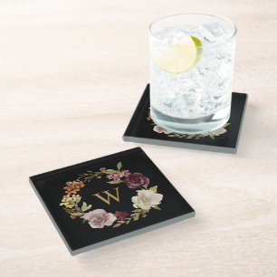Dessous-de-verre En Verre Couronne de monogramme à l'aquarelle florale noir