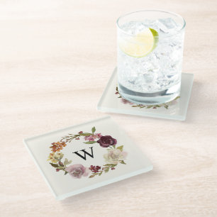 Dessous-de-verre En Verre Couronne de monogramme beige à l'aquarelle florale