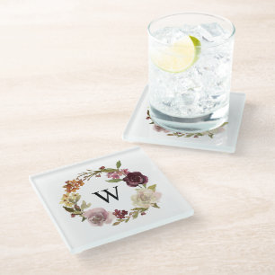 Dessous-de-verre En Verre Couronne de monogramme blanc à l'aquarelle florale