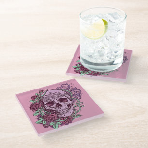 Dessous-de-verre En Verre Crâne de lavande avec motif gothique de roses