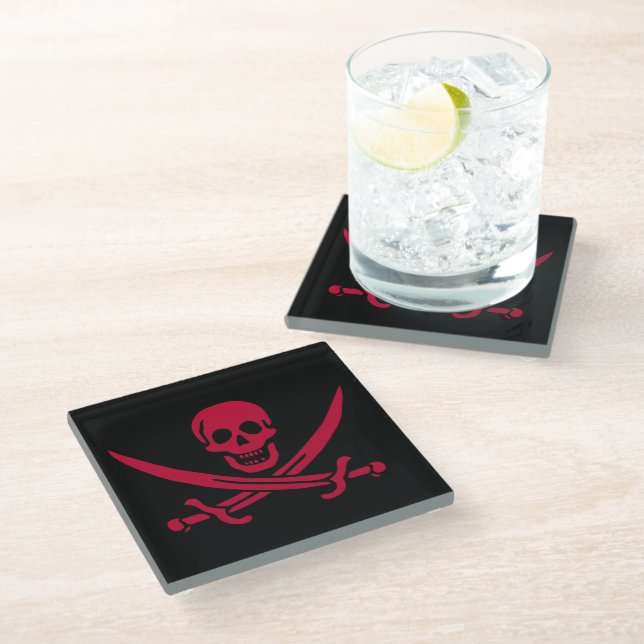 Dessous-de-verre En Verre Crâne et épées de Crimson Drapeau pirate de Calico (Incliné)