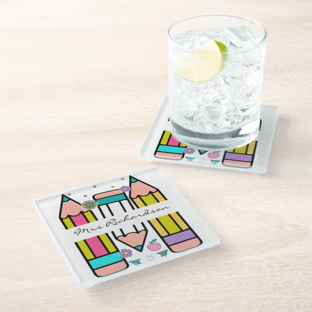 Dessous-de-verre En Verre Crayon nom enseignant cartoon  (Incliné)