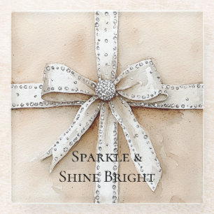 Dessous-de-verre En Verre Crème Blanc Argent Glitzy Glam Bow anniversaire