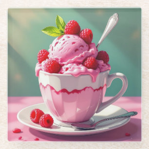 Dessous-de-verre En Verre Crème glacée framboise dans une coupe de café rose