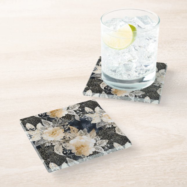Dessous-de-verre En Verre Crème noire sauvage Léopard Animal Floral (Incliné)