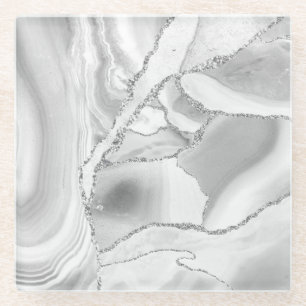 Dessous-de-verre En Verre Cristal Blanc Paillettes Argent Agate Élégant
