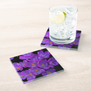 Dessous-de-verre En Verre Crocus de printemps violets sur fond floral noir