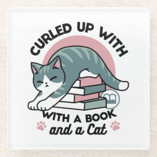 Dessous-de-verre En Verre Curieux avec un livre et un chat - Lecture confort