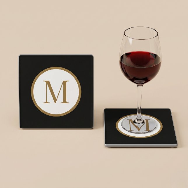 Dessous-de-verre En Verre Custom Black & Gold Center Seal Monogram (Créateur téléchargé)