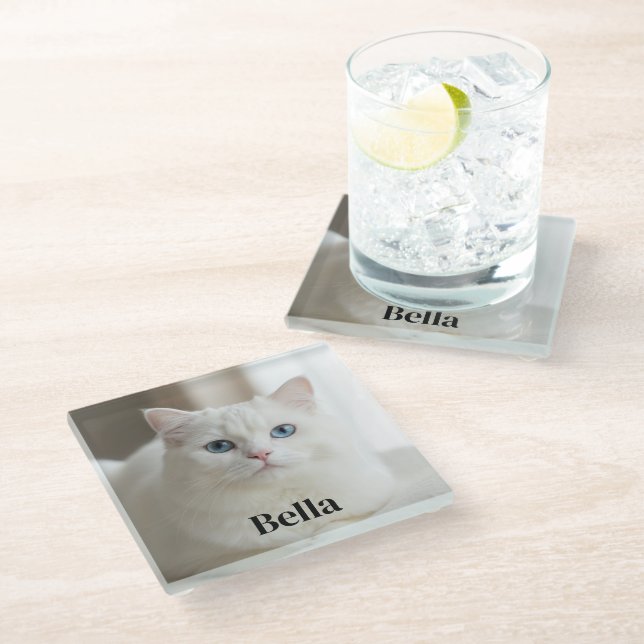 Dessous-de-verre En Verre Custom photo coaster with snow white cat (Incliné)