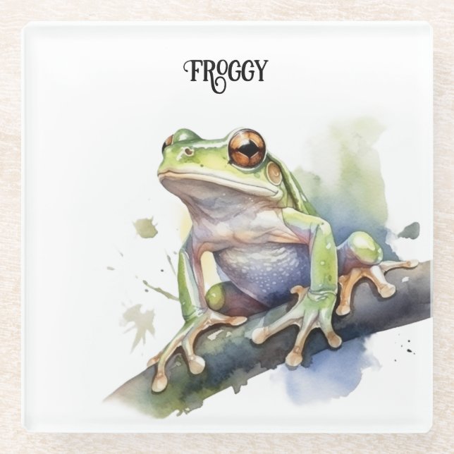 Dessous-de-verre En Verre Cute Aquarelle Arbre Frog, personnalisé (Devant)