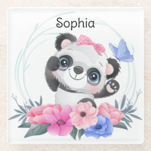 Dessous-de-verre En Verre Cute Baby Panda Flower Wreath Nom personnalisé