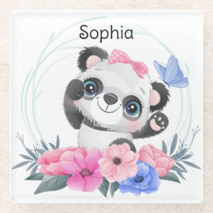 Dessous-de-verre En Verre Cute Baby Panda Flower Wreath Nom personnalisé