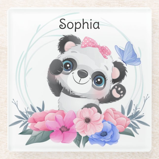 Dessous-de-verre En Verre Cute Baby Panda Flower Wreath Nom personnalisé (Devant)