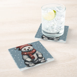 Dessous-de-verre En Verre Cute Bear avec Beanie et Écharpe à l'automne de ne