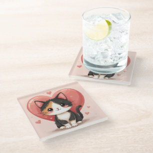 Dessous-de-verre En Verre Cute Calico Cat Heart Kawaii Valentine's Art