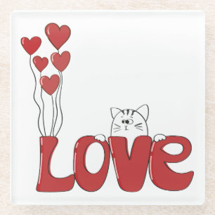 Dessous-de-verre En Verre Cute Chat Love Typographie Coeurs rouges   Valenti