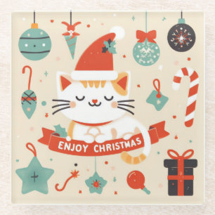 Dessous-de-verre En Verre Cute chat Profitez de la saison de Noël