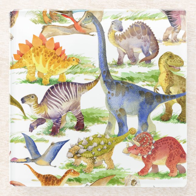 Dessous-de-verre En Verre Cute Dinosaures Aquarelle Art sans fil (Devant)